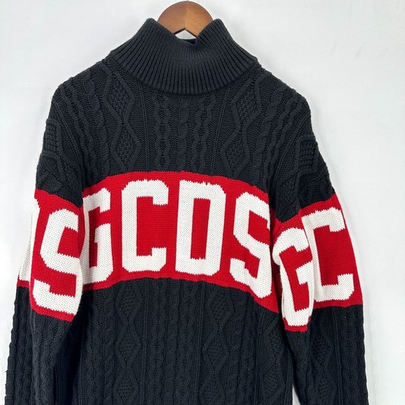 GCDS Sweater Mens Knit Oversized Mock Neck Logo Wool Blend Black Red White XS - Picture 3 of 13
